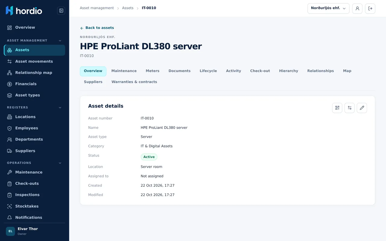 Screenshot of Hordio: Asset register