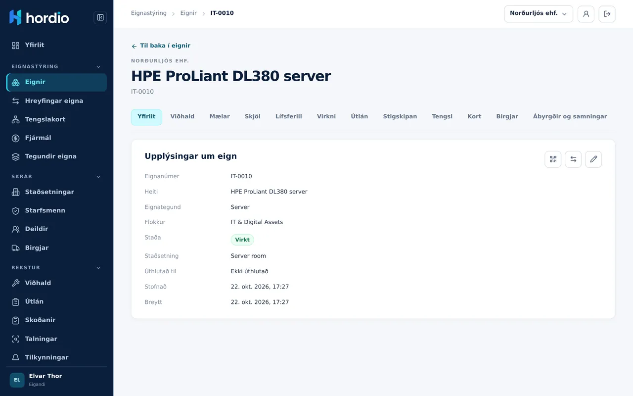 Skjámynd úr Hordio: Eignaskrá
